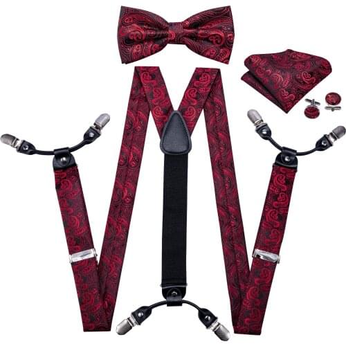 Barry.Wang 8 Colors Red Paisley Men Fashion Y Shape Suspenders Bow Tie Hanky Set Woven Silk Pants Suspender Silver Clips BB-2001