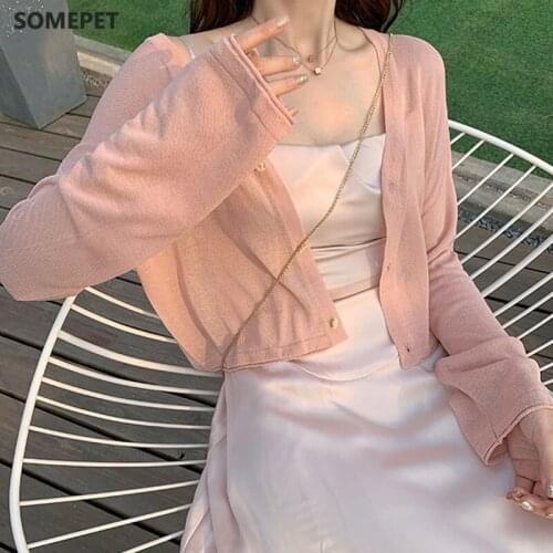 New fashion girl summer knitted jacket slim short Cropped Cardigan women summer full sleeve v-neck blouse