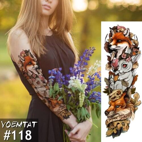 New 1 Piece Temporary Tattoo Sticker Fox Rabbit Full Flower Tattoo with Arm Body Art Big Large Fake Tattoo Sticker