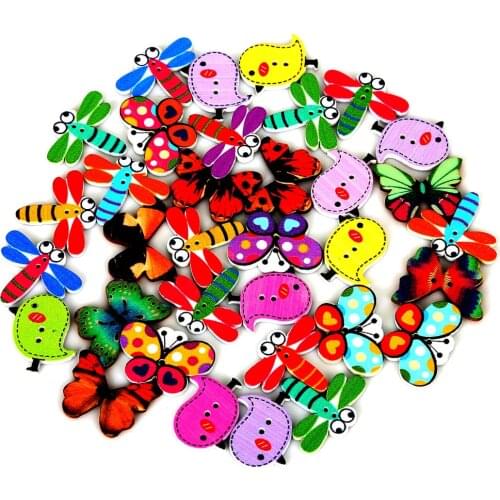 New Arrival Retail 50Pcs Random Mixed Color Butterfly/Dragonfly Pattern Wood Sewing Buttons 2 Holes Pattern Scrapbooking