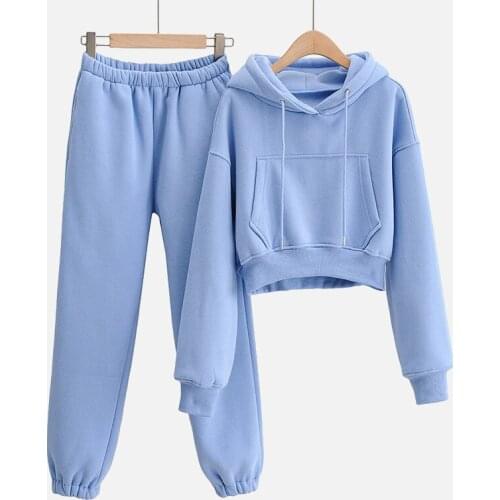 Autumn Fleece Pockets Womens Set 2 Pieces Sets Hooded Drawstring Long Sleeve Female Hoodies Suit Winter Long Pants Ladies Suits