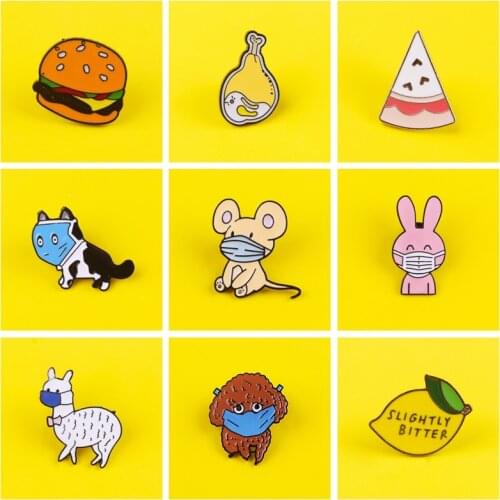 Food Hamburger Pizza Pin Badge On Clothes Masked Animal Dog Mouse Enamel Pins Anime Icons Stripes For Clothes Set Paired Jewelry
