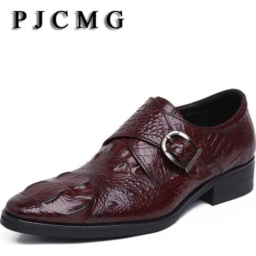 PJCMG New Black/Red Mens Crocodile Pattern Genuine Embossed Leather Pointed Toe Slip-On Cowhide Casual Flat Oxford Men Shoes