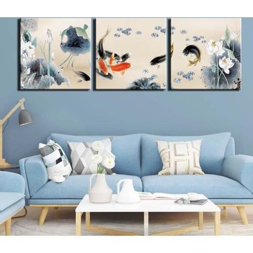 3 Pieces Fish Koi Carp Chinese Style Posters Wall Art Canvas Picture Home Decor Decorative Paintings for Living Room Decoration