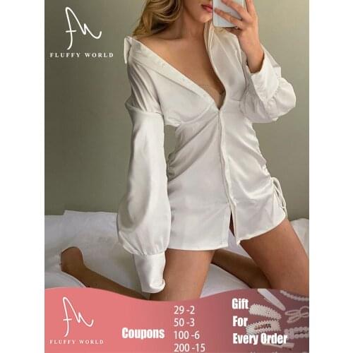 Women Shirts Dress Office Lady Long Sleeve Turn Down Neck Satin Mini Dress Drawstring Club Casual White Summer Autumn Dresses