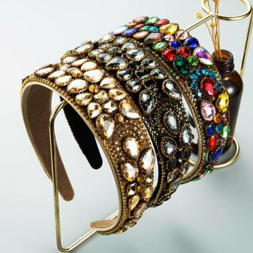 2021 Autumn New Heavy Industry Drop-shaped Glass Drill Flowers Headbands Female Baroque Vintage Gold Wide Brim Ladies Headwears