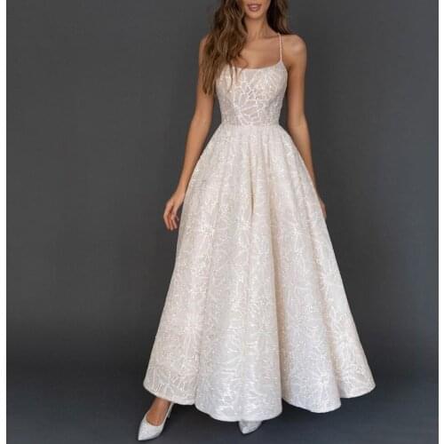 Simple Sparkle Short A Line Wedding Dress Spaghetti Straps Ankle Length Bridal Gowns Elegant 2021 Luxury Open Back