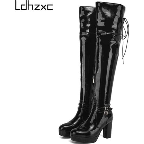 LDHZXC 2020 Sexy High heels Boots Women Patent Leather Over The Knee Boots High Heels Platform Side Comfort Footwar Winter