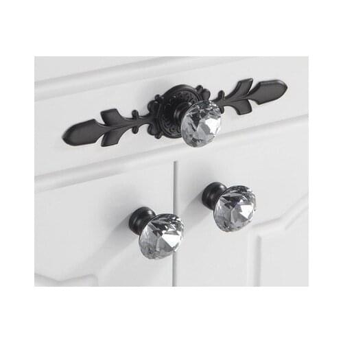 Glass Dresser Knob Pull Crystal Drawer Knobs Pulls Handle Black Clear Rhinestone Kitchen Cabinet Door Handle Back Plate Bling