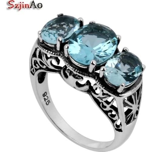 Szjinao Blue Women Aquamarine Ring 925 Sterling Silver Antique Vintage Wedding Engagement Jewelry Victoria Wholesale Fashion