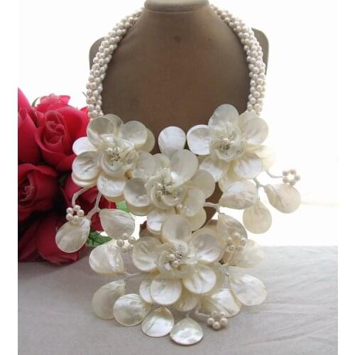 Y·YING Cultured White Pearl Shell Crystal Handmade Flower Statement Necklace 22"