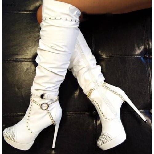 Olomm Women Platform Knee High Boots Sexy Rivets Stiletto Heels Boots Round Toe White Club Wear Shoes Women Plus US Size 5-15