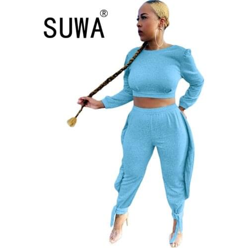 Solid Color Long Sleeves O-Neck Backless Tie Crop Tops & Patchwork Bow Pants New Autumn Women Suit Sexy 2 Piece Set Wholesale