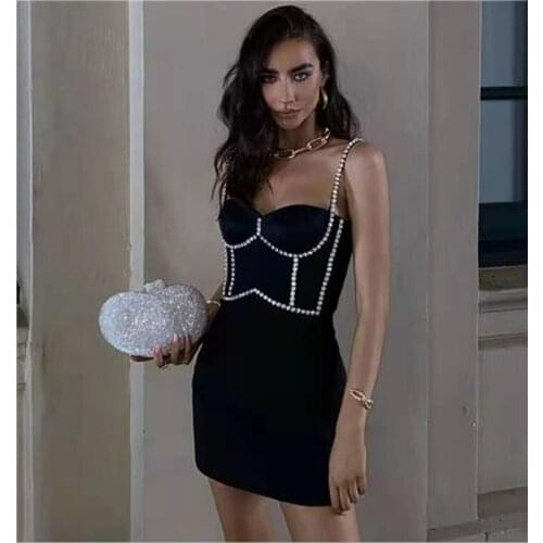 Hot Women Summer Ladies Sexy Sleeveless Beading Studded Black Mini Bodycon Bandage Dress 2021 Elegant Evening Party Club Dress