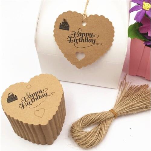 100Pcs/Lot Heart Shapes Happy Birthday Series Tag Various Patterns Styles Hang Tags Birthday Cakes 6.5x6cm+100Pcs Hemp Strings