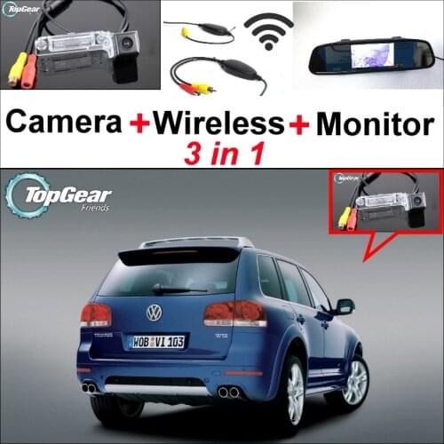 3 in1 Special Rear View Camera + Wireless Receiver + Mirror Monitor Easy DIY Parking System For Volkswagen VW Touareg 7L MK1