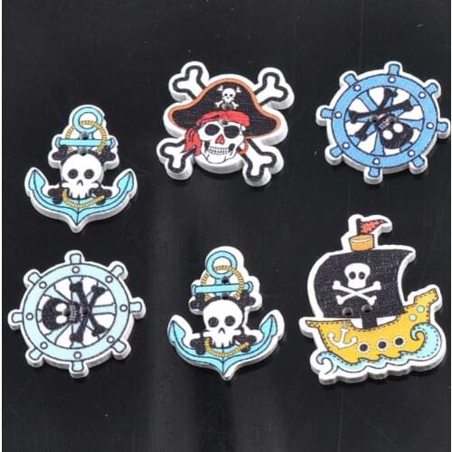 50pcs/lot Wooden Buttons Skull and Rudder 2 Holes Sewing Wood Buttons for Halloween Handmade Craft Decoration 21-36mm MT0804