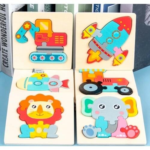 Baby Montessori Toys 3D Puzzle Cartoon Animals Vehicle Cognitive Jigsaw Puzzle Wooden Toys for Children Baby Puzzle Game Gift