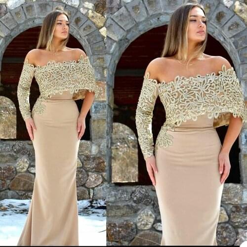 Elegant Gold Beading Prom Dresses Off Shoulder Long Sleeve Mermaid Evening Gowns African Party Club Wear Outfit