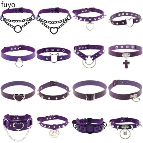 Goth Sexy Collar Rivet Women Man Purple Punk Gothic PU Leather Traction Stainless Steel Chains Bondage Necklace Neck Jewelry
