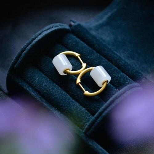 Natural Hetian Jade as Right as Rain White Jade Earrings S925 Sterling Silver Jade Eardrops Big Brand Retro Lucky Earrings for W