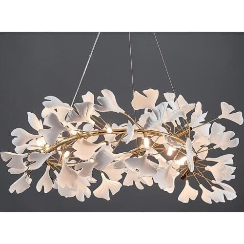 Art design chandelier in the living room 2021 copper hanging lamp white ceramics ginkgo tree leaf round bedroom light fixtures