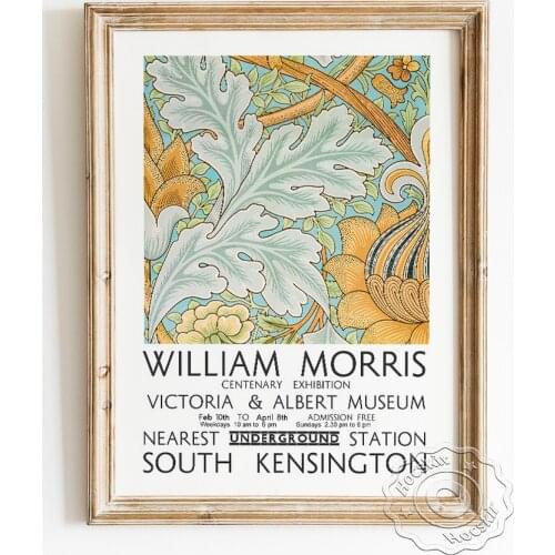 William Morris Exhibition Museum Poster, Fabric Acanthus Pattern Prints, Naturalistic Floral Pattern Backdrop Decor Pictures