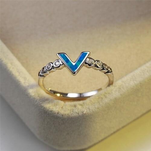 Simple Female Opal Stone Thin Ring Classic Silver Color Wedding Ring Trendy Letter V Crystal Engagement Rings For Women