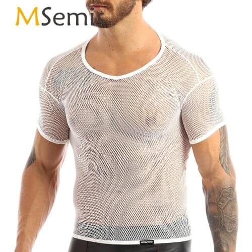 Mens Mesh See Through Vest Top Sexy Hollow Out Fishnet Shirt Summer Homme Fitness Muscle Tanks Nightclub Rave Thin T-Shirts Tops