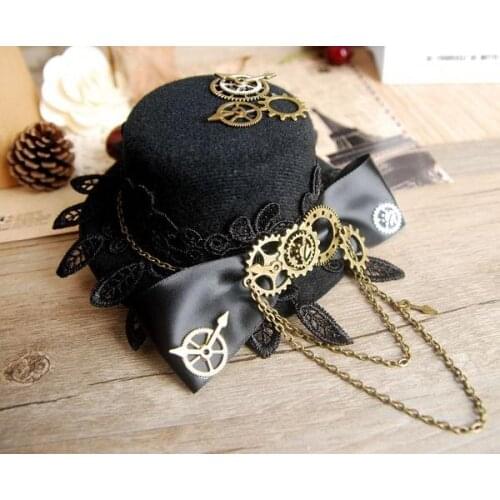 Handmade DIY Gothic Lolita Cosplay Mini Top Hat with Flowers Steampunk Retro Gears Hats for Men Women