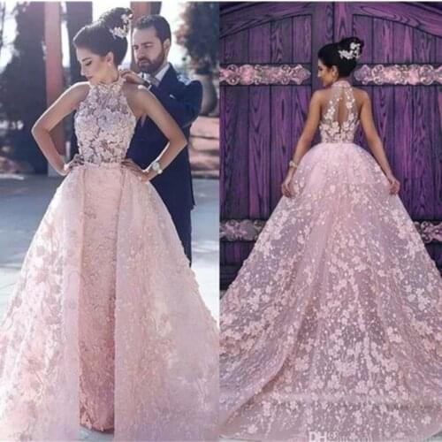 Fashion Blush Pink Mermaid Evening Dress Long Overskirts Appliques Organza Prom Dresses Off the Shoulder Party Gown Nude Lining