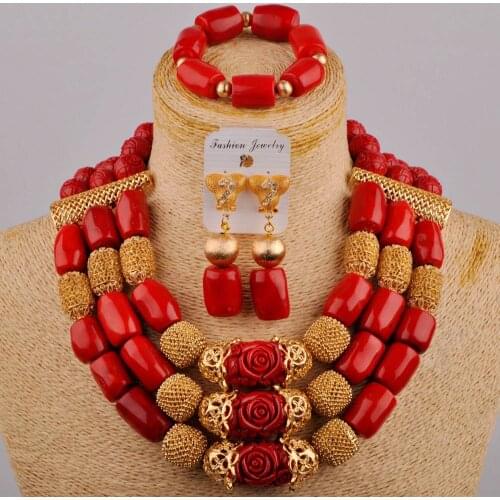 Fashion African Jewelry Set New Designs 3 Layers Red Coral Beads Jewellery Set 2021 Nigerian Wedding Coral Bridal Set