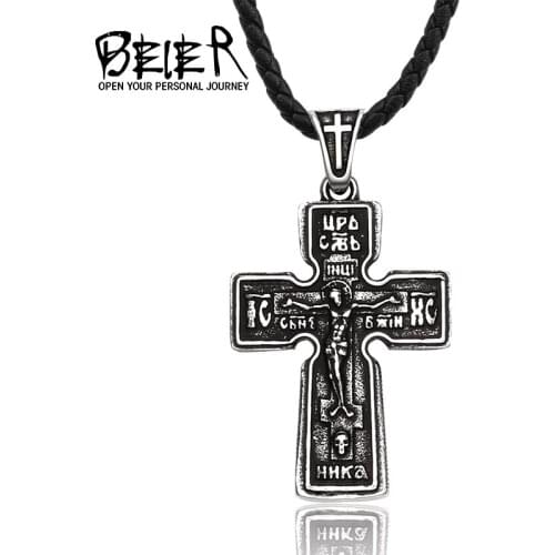 Beier Stainless Steel Pendant Crucifix Catholic Religious Cross Religious Christian Men Necklace Jewelry LLLHP186P