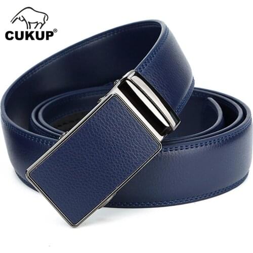 CUKUP Mens New Design Quality Blue Genuine Leather Dress Belt Ratchet Automatic Buckle Belts for Men 2021 New Designers NCK710