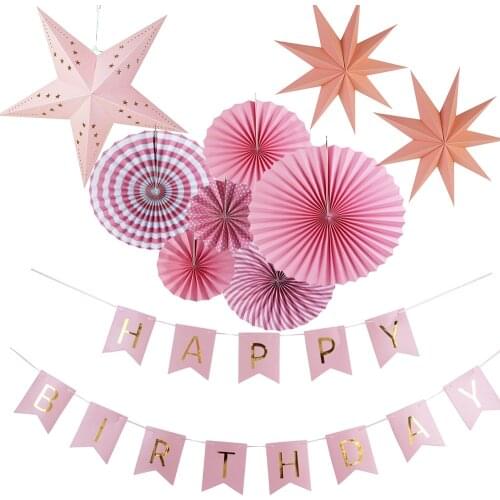 Pack of 10 Pink Shade Hanging Decorations Paper Rosette/Happy Birthday Banner/Paper Star Lanterns for Kids Birthday Baby Shower