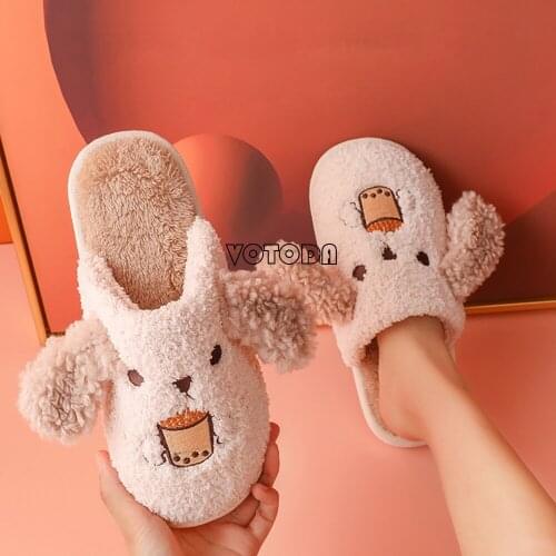 New Fuzzy Fur Dog Slippers Women Cute Cartoon Animal Slides Winter Warm Plush Home Slipper Indoor Fluffy Flip Flops Unisex Shoes
