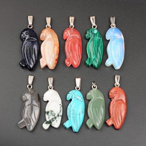 24PCS Animal Loro Shape Natural Stone Necklaces Pendants Reiki Healing Women Jewelry Making Necklace Pendulum Amulet 40*16mm