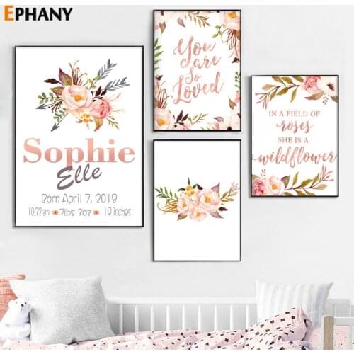 Custom Name Prints Flower Nursery Wall Art Canvas Posters Painting Nordic Kid Girl Bedroom Decor Baby Shower Gift Pictures