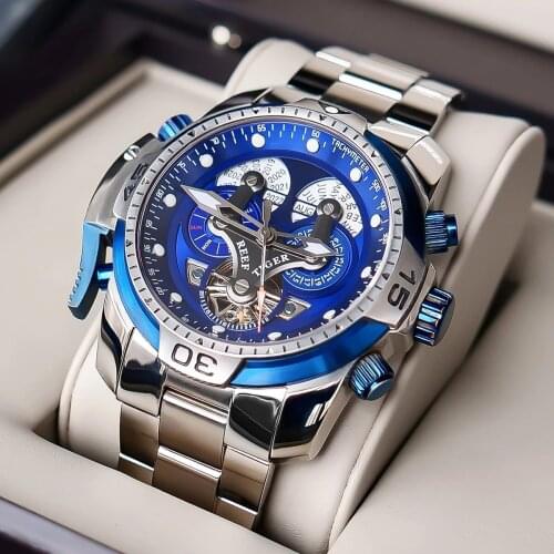 Reef Tiger/RT Luxury Designer Sport Mens Watch Perpetual Calendar Date Complicated Blue Dial Automatic Mechanical Bracelet Watch