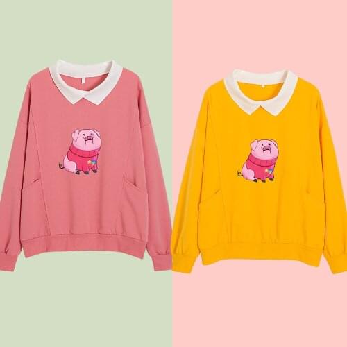 Big Print Sweatshirt Cotton Harajuku Oversized Hoodie Pullover Kawaii Long Sleeve Pocket Pink Tops Turn-down Collar Swearshirt