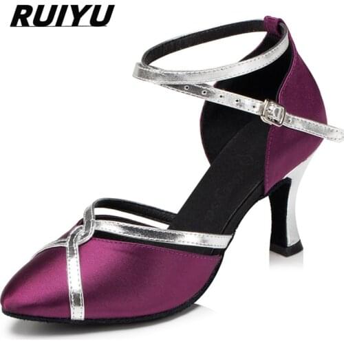 Latin Dance Shoes Ladies Dance Shoes Tango Salsa Jazz Girl Ballroom Professional Dance Shoes Satin Black Purple