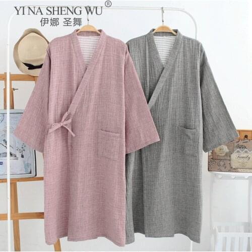 News Japanese Mens Kimono Nightgown Solid Color Yukata Pajamas Fashion Home Service Yukata Cotton Pijama Robes Asian Clothes