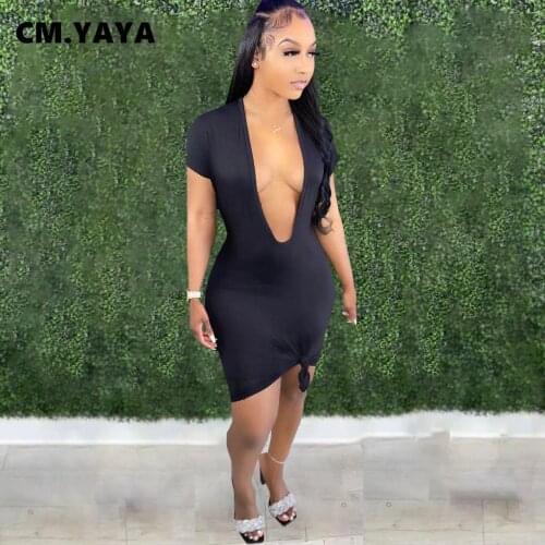 CM.YAYA Women Dress Solid Short Sleeve Low V-neck Stretchy Bodycon Dresses Sexy Fashion Vestidos Summer Outfits 2021