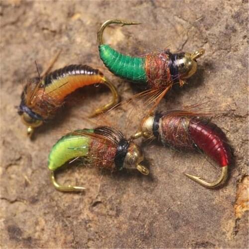 4-24Pcs Brass Bead Head Fast Sinking Nymph Scud Fly Bug Worm Trout Fishing Flies Artificial Insect Fishing Bait Lure