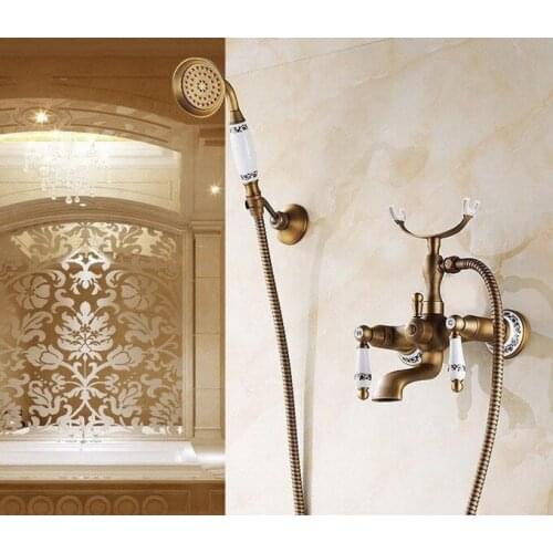 Antique Brass Wall Mounted Bathroom Tub Faucet Dual Ceramics Handles Telephone Style Hand Shower Clawfoot Tub Filler atf308