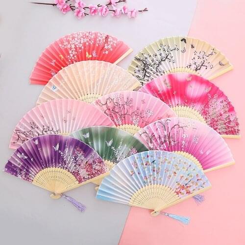 1PC Vintage Style Silk Folding Fan Chinese Japanese Pattern Art Craft Gift Dance Tassel Bamboo Hand Fan Home Decoration Ornament