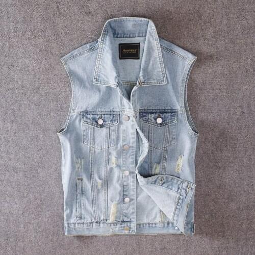 British Style Fashion Men Vest High Quality Retro Light Blue Ripped Denim Vest Streetwear Hip Hop Sleeveless Casual Jackets Men