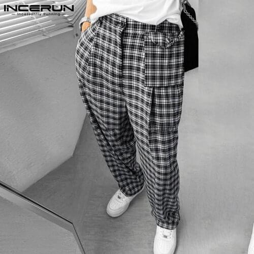 INCERUN Fashion Mens Loose Check Pocket Casual Pants Wide Leg Straight Grid Pants Scotland Style Holiday Slacks Trouser S-5XL