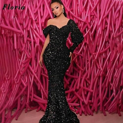 Black Beaded Mermaid Evening Dresses Long Prom Dress Formal Celebrity Party Gowns 2021 Dubai Arabic Women Evening Wear Robes