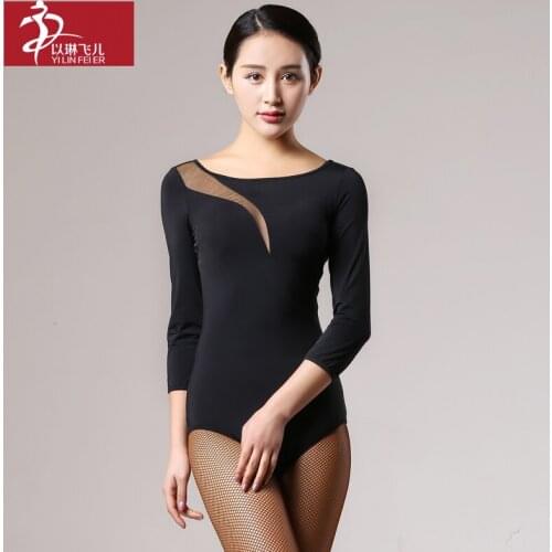 Black & Red Latin Bodysuit Leotard for Woman Dancer Practice Dancewear with Mid-Length Sleeves Chacha and Rumba Clothes B0013